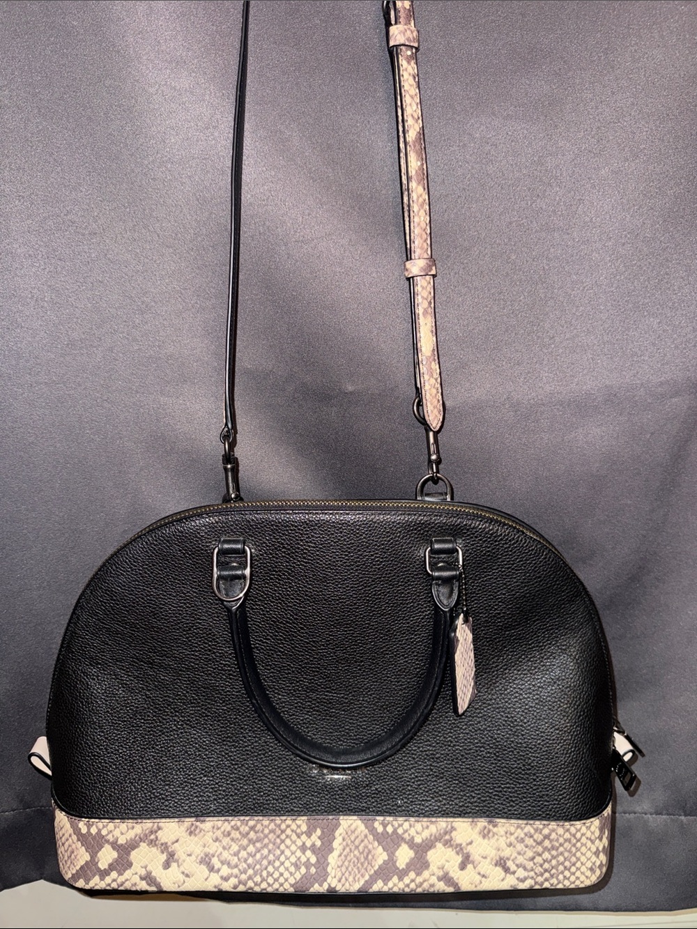 Coach Black Dome Satchel with Snake-Print Trim